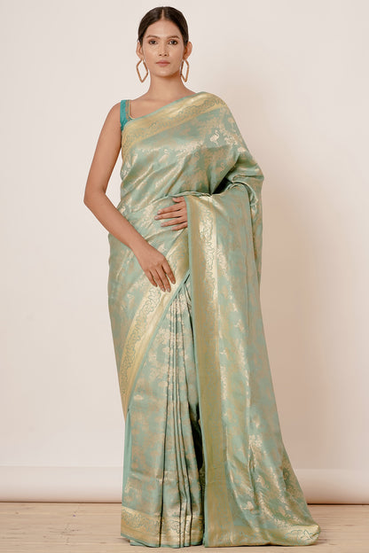 Pastel Blue Banarasi Silk Saree with Backless Blouse