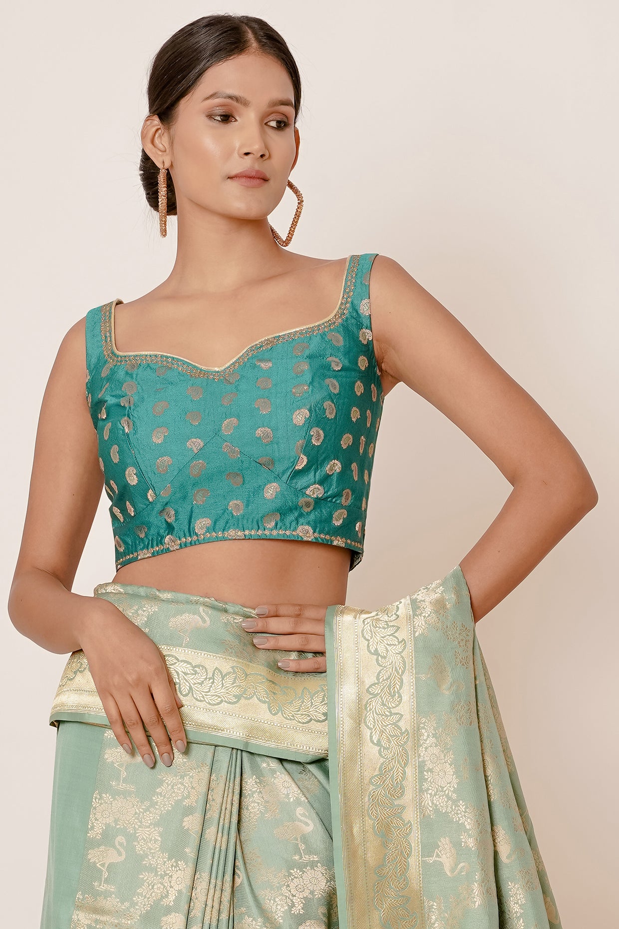 Pastel Blue Banarasi Silk Saree with Backless Blouse