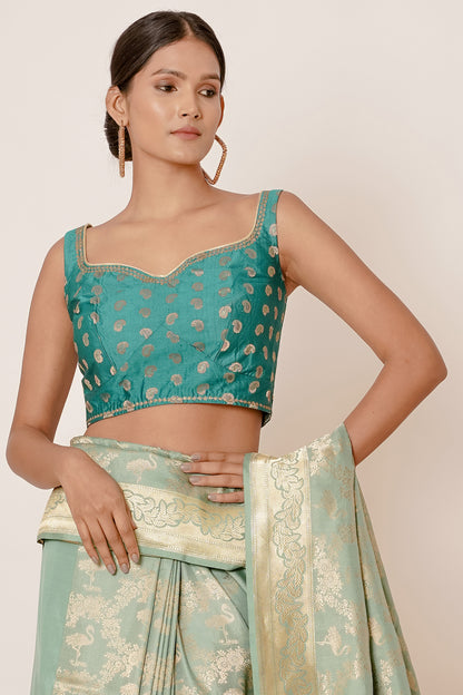 Pastel Blue Banarasi Silk Saree with Backless Blouse