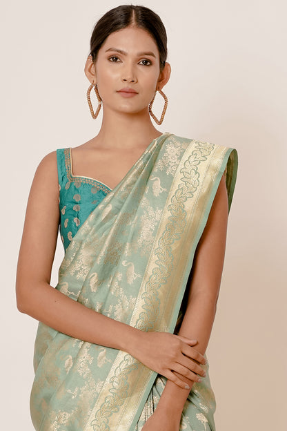 Pastel Blue Banarasi Silk Saree with Backless Blouse
