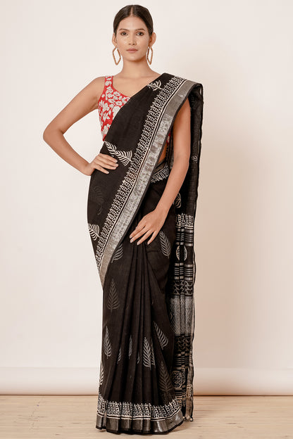 Black Hand Block Printed Linen Saree with Brick Red Blouse all over Zari Embroidery