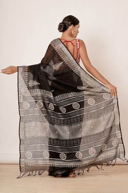 Black Hand Block Printed Linen Saree with Brick Red Blouse all over Zari Embroidery