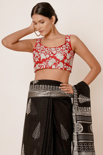 Black Hand Block Printed Linen Saree with Brick Red Blouse all over Zari Embroidery