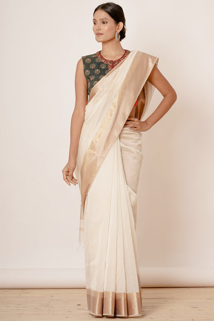 Cream and Gold Maheshwari Silk Saree with Navy Blouse Hand Block Printed Blouse