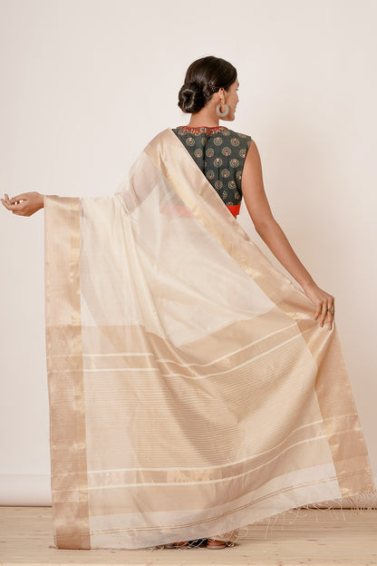 Cream and Gold Maheshwari Silk Saree with Navy Blouse Hand Block Printed Blouse