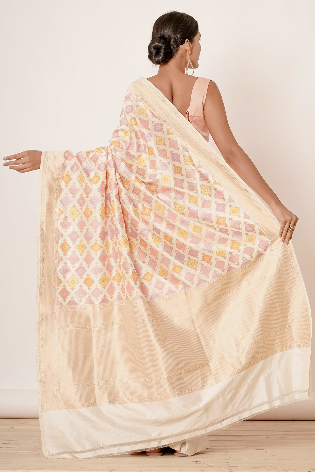 Ivory Banarasi Saree with Peach Blouse