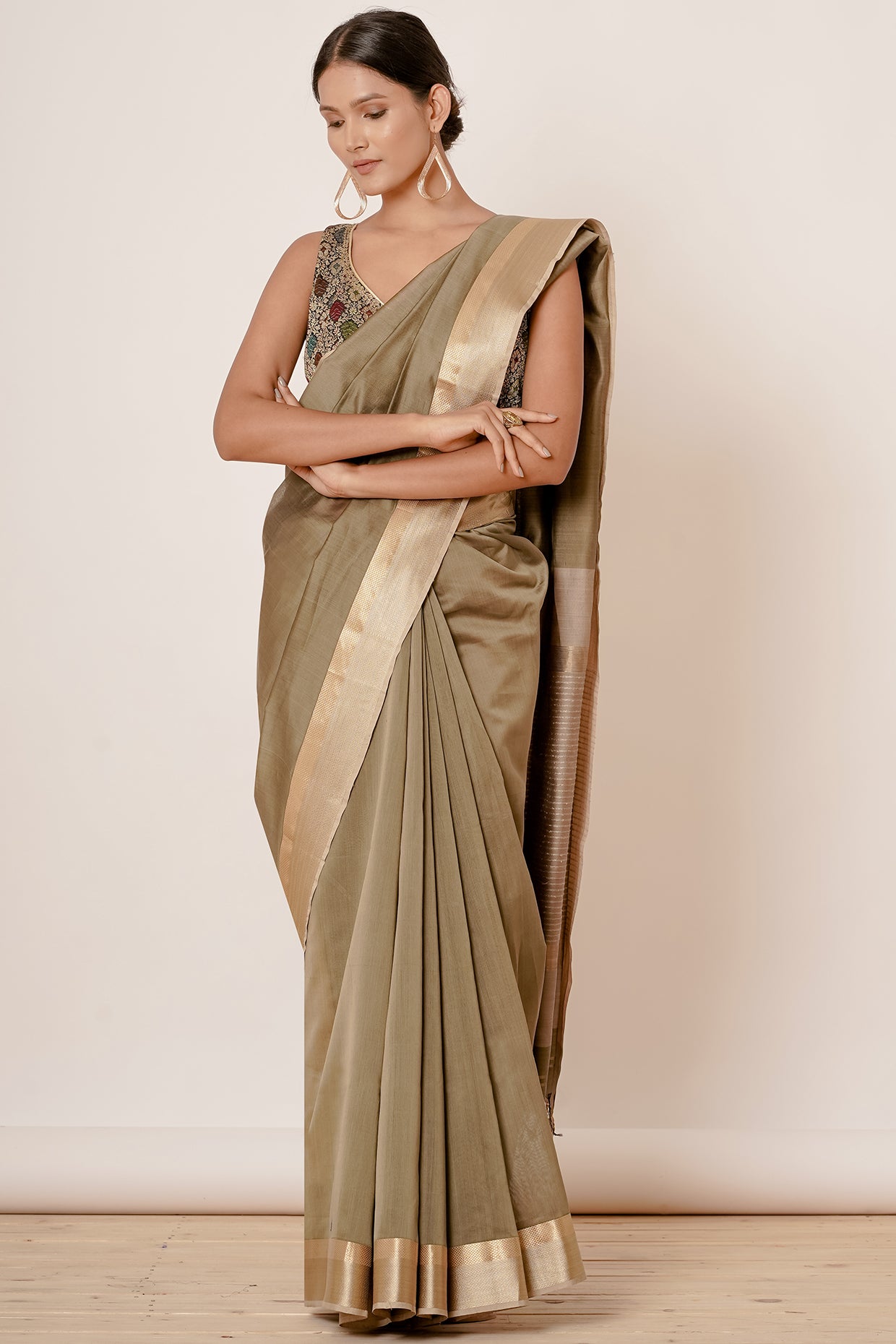 Dusty Green Maheshwari Saree with Brocade Blouse