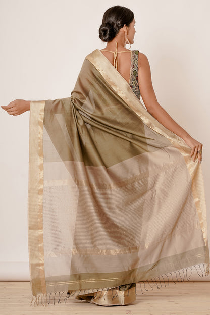 Dusty Green Maheshwari Saree with Brocade Blouse