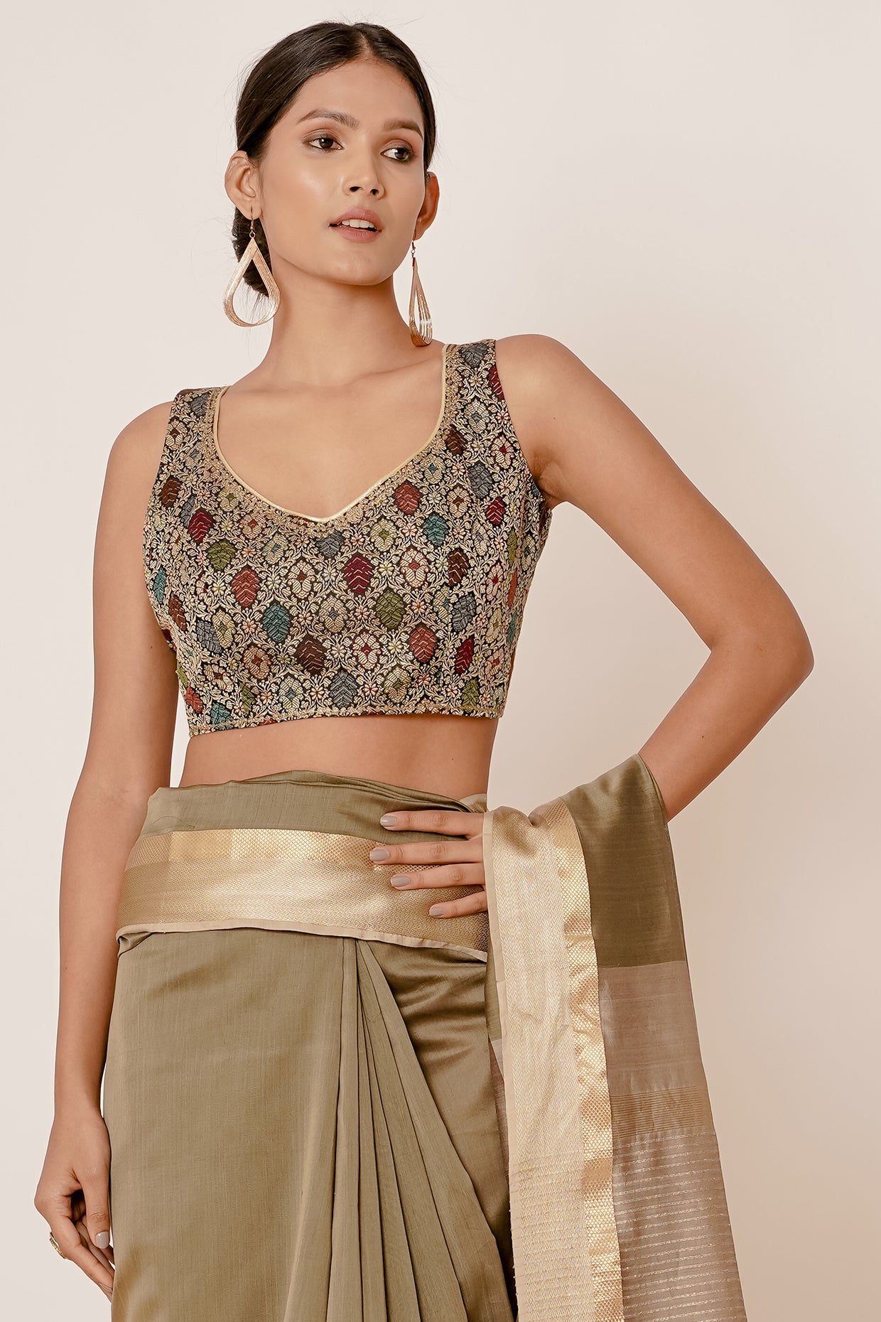Dusty Green Maheshwari Saree with Brocade Blouse