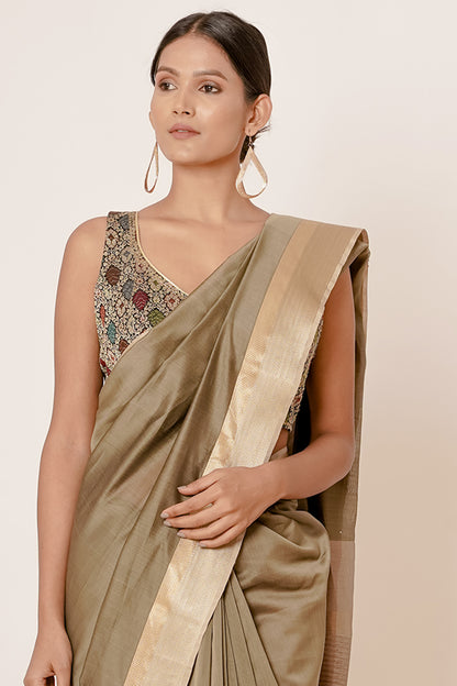 Dusty Green Maheshwari Saree with Brocade Blouse