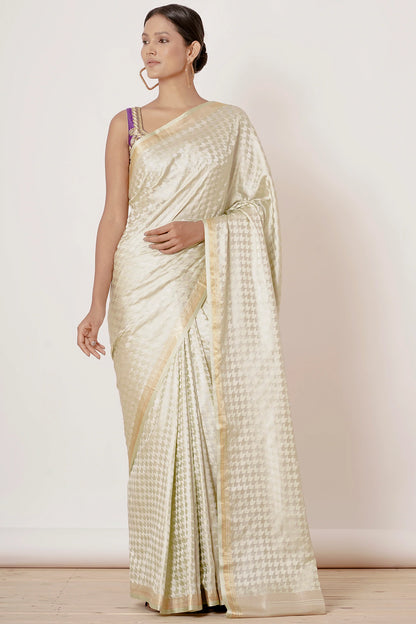 Ivory Banarasi Silk Saree with Violet Gold Zari Embroidered Blouse