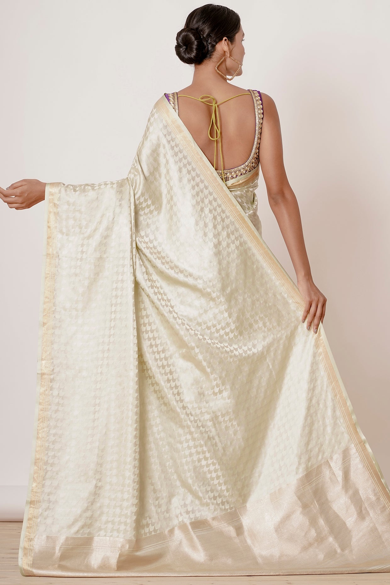 Ivory Banarasi Silk Saree with Violet Gold Zari Embroidered Blouse