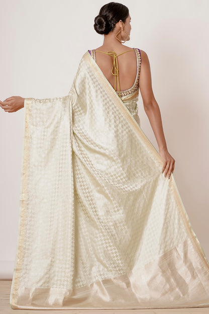 Ivory Banarasi Silk Saree with Violet Gold Zari Embroidered Blouse