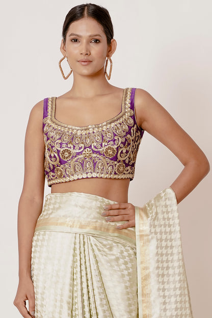 Ivory Banarasi Silk Saree with Violet Gold Zari Embroidered Blouse