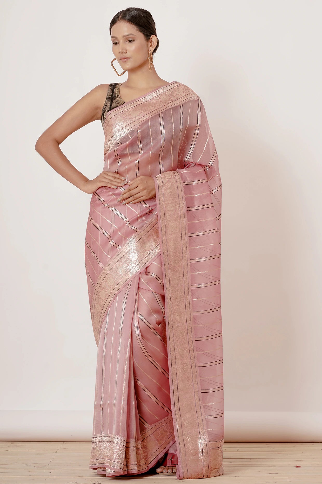 Onion Pink Organza Banarasi Silk Saree with Black Blouse