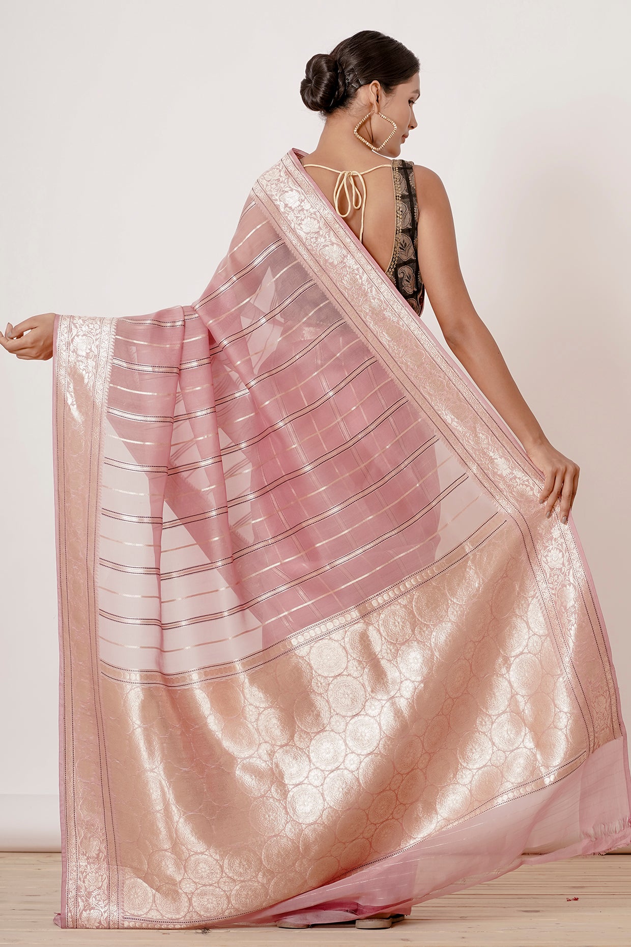 Onion Pink Organza Banarasi Silk Saree with Black Blouse