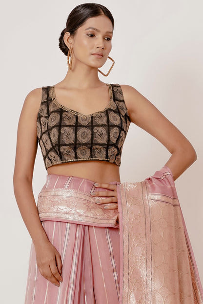 Onion Pink Organza Banarasi Silk Saree with Black Blouse