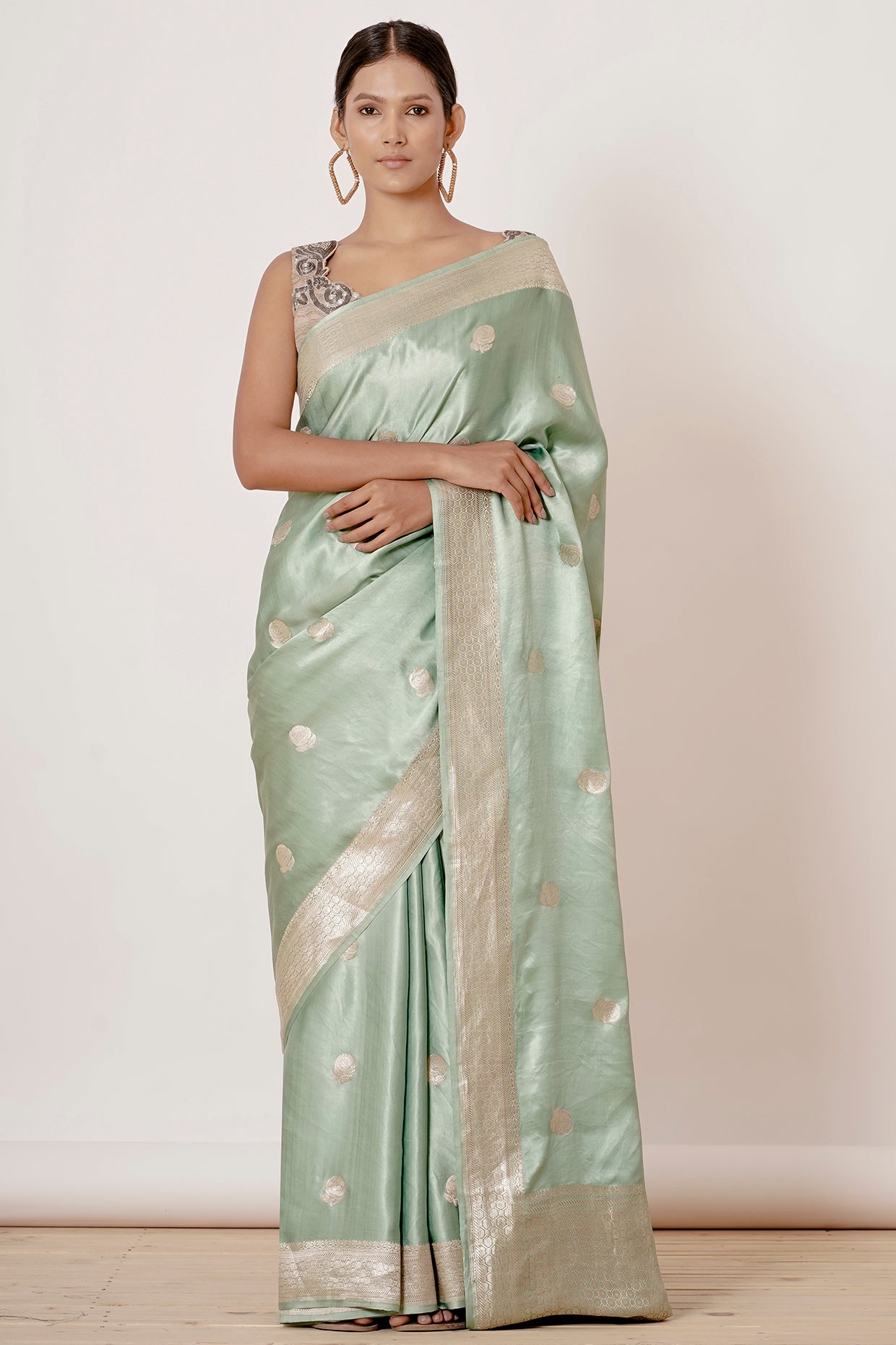 Dusty Blue Banarasi Gajji Saree with Gold Blouse