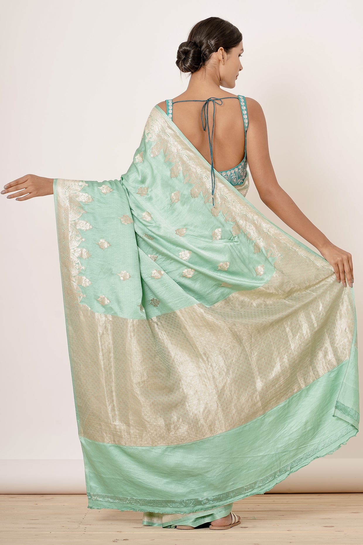 Dusty Blue Banarasi Gajji Saree with Gold Blouse