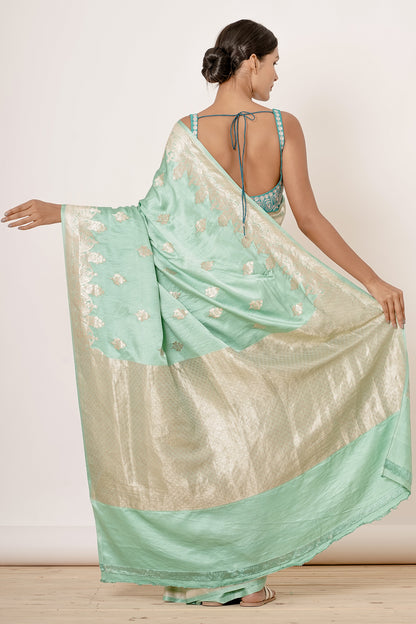 Dusty Blue Banarasi Gajji Saree with Gold Blouse