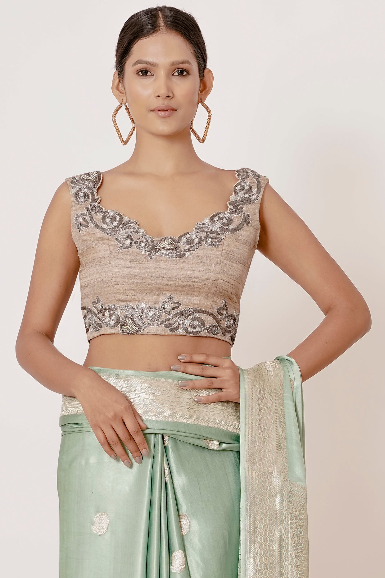 Dusty Blue Banarasi Gajji Saree with Gold Blouse