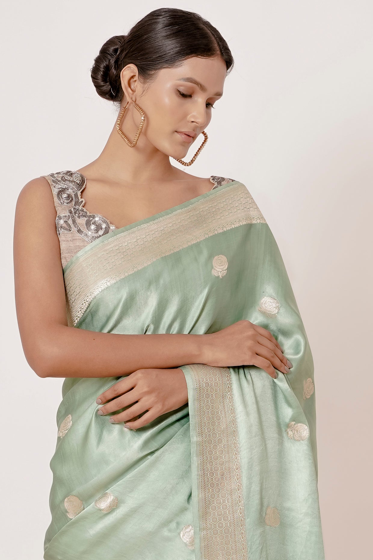 Dusty Blue Banarasi Gajji Saree with Gold Blouse