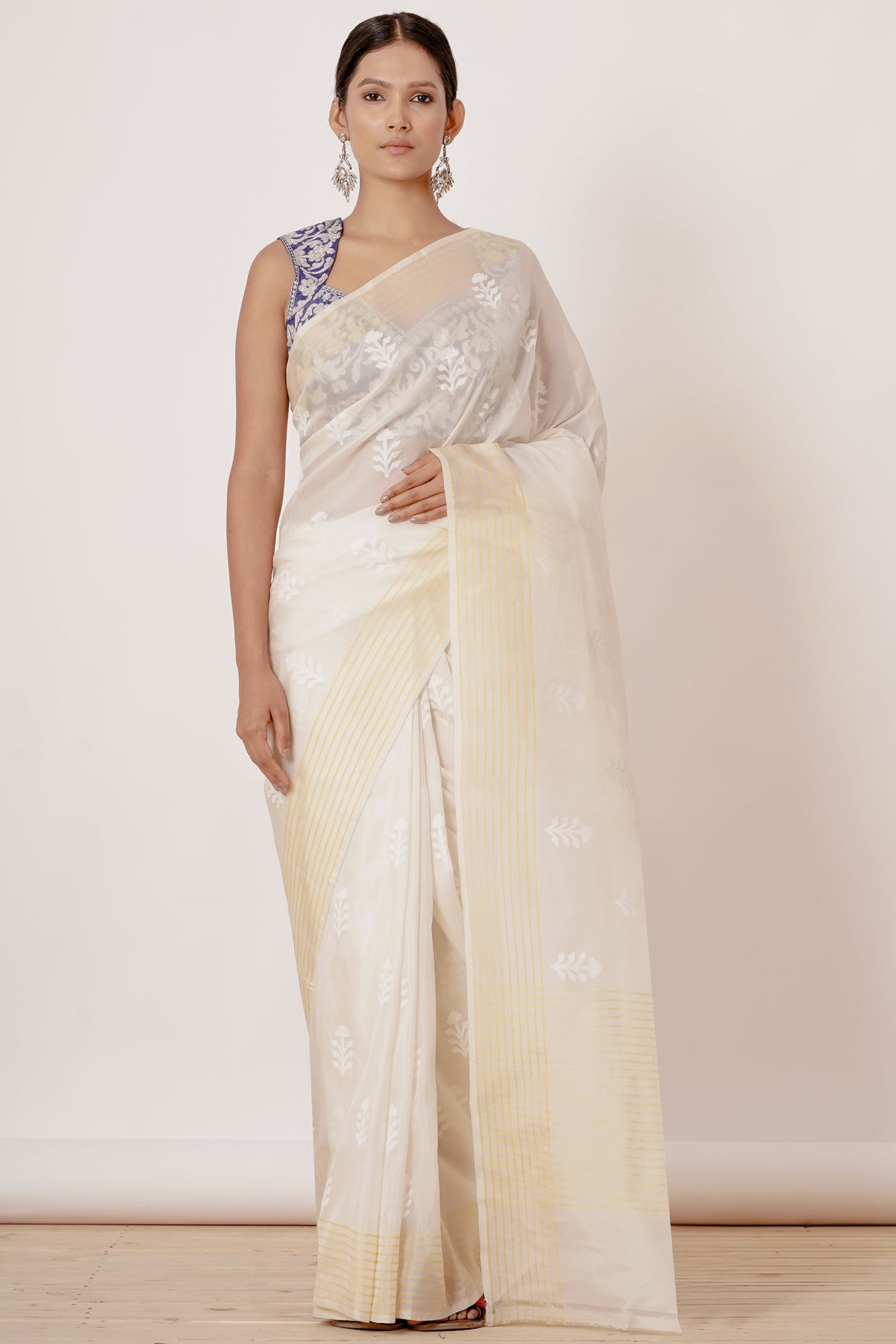 Cream Organza Saree with Blue Blouse