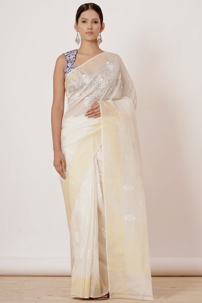 Cream Organza Saree with Blue Blouse
