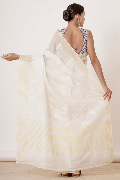 Cream Organza Saree with Blue Blouse
