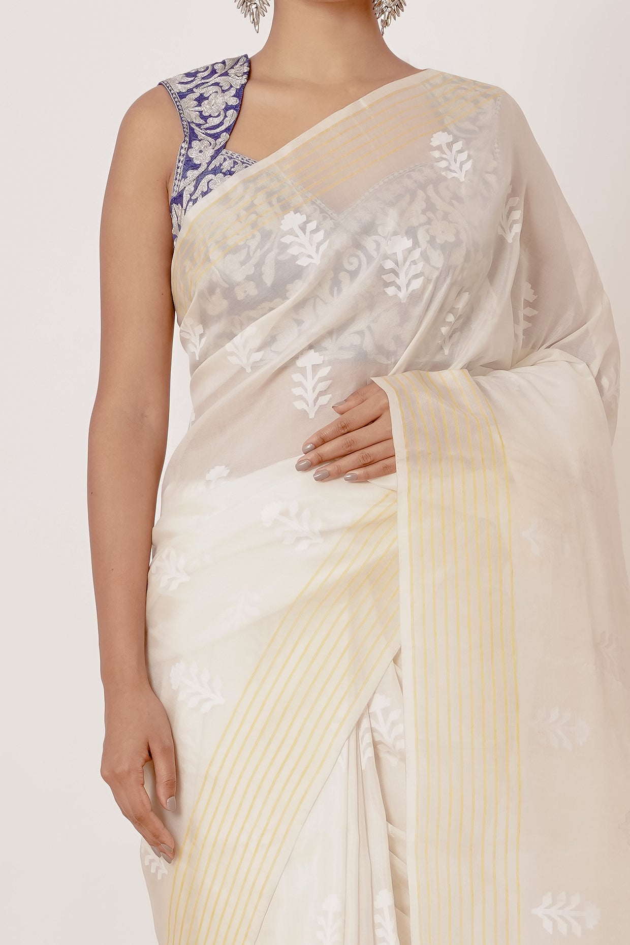 Cream Organza Saree with Blue Blouse