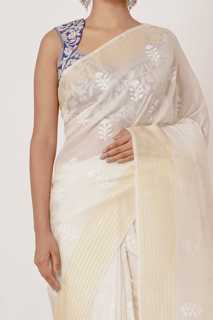 Cream Organza Saree with Blue Blouse