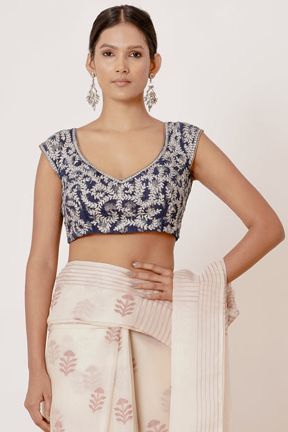 Ivory Organza Banarasi with dark Blue Blouse.