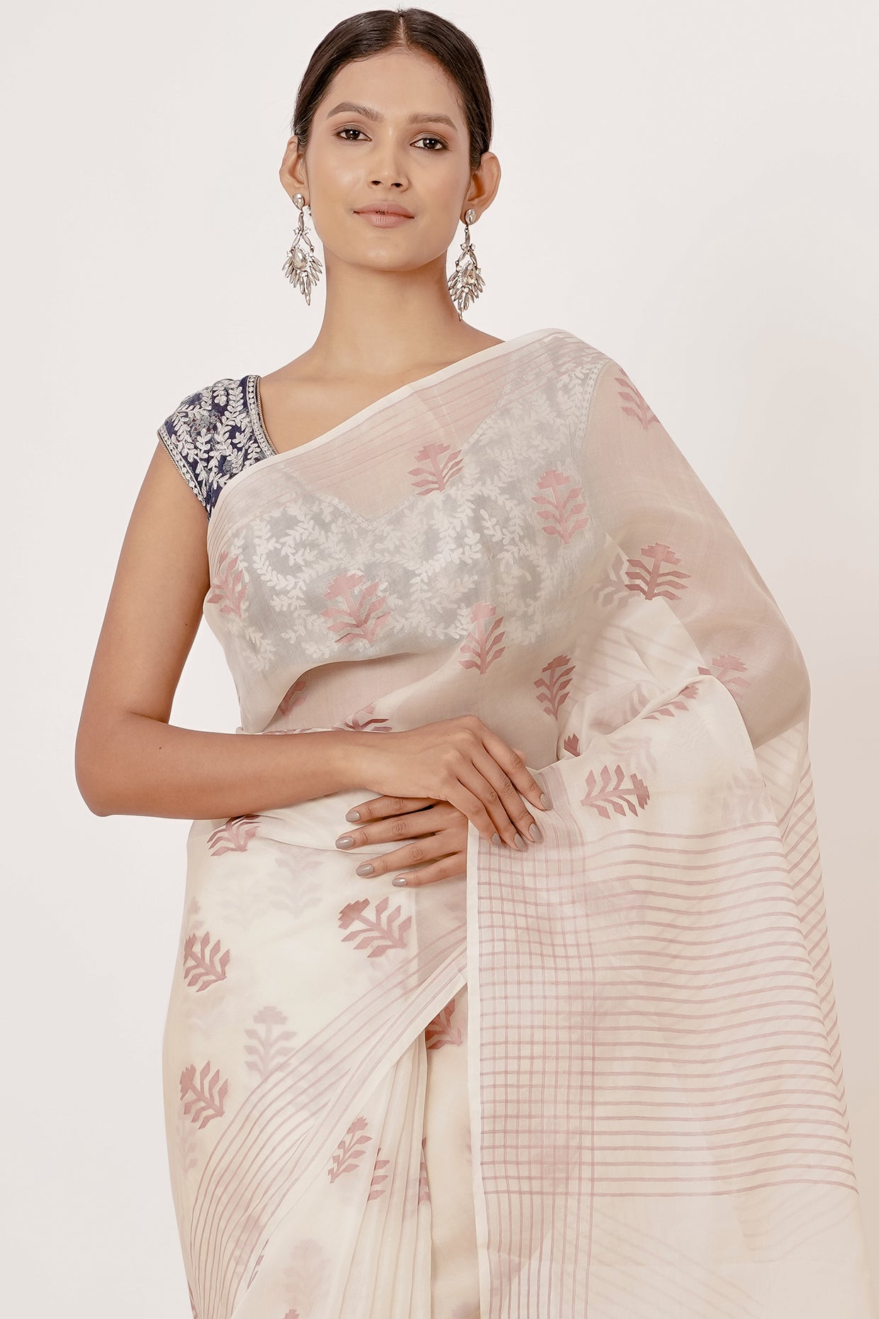 Ivory Organza Banarasi with dark Blue Blouse.