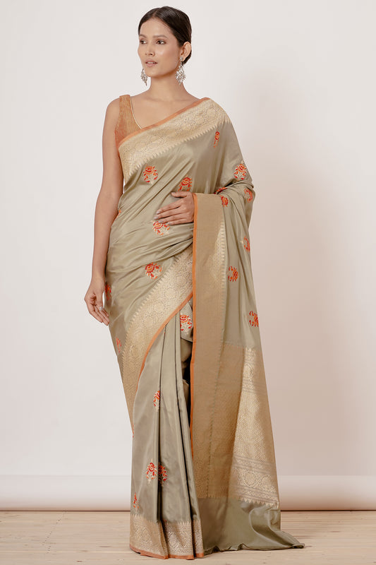 Grey Banarasi Saree with Beige Blouse with all over Quilting in Red
