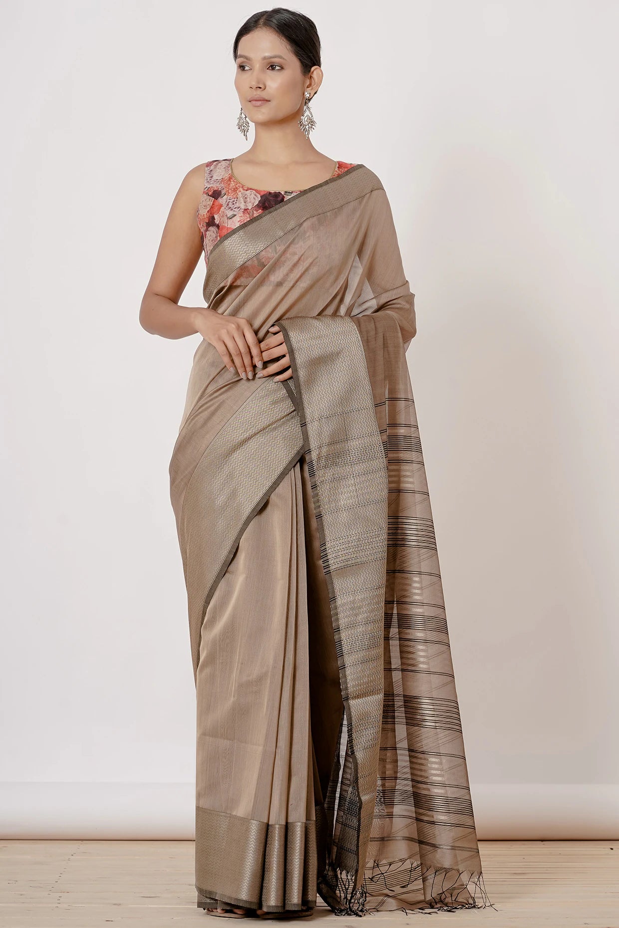 Dusty Gold Maheshwari Silk Saree with Orange Digitally