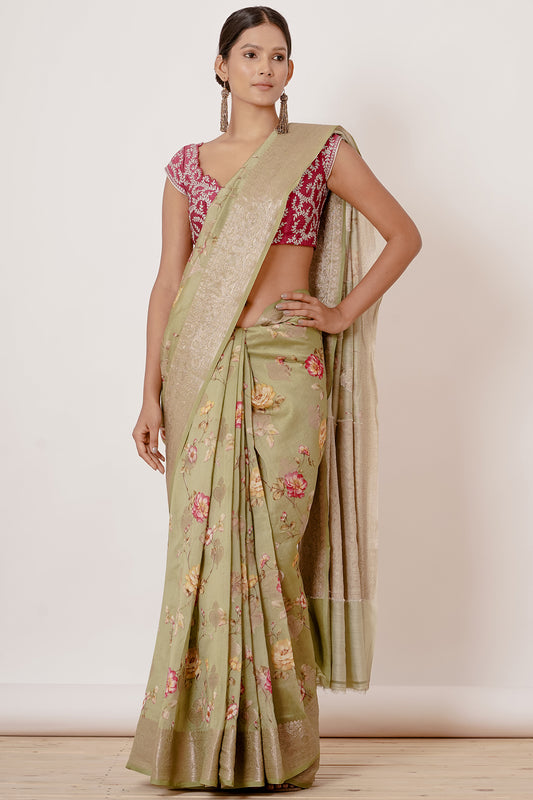 Dusty Green Banarasi Silk Saree with Digital Print all over and Magenta Blouse