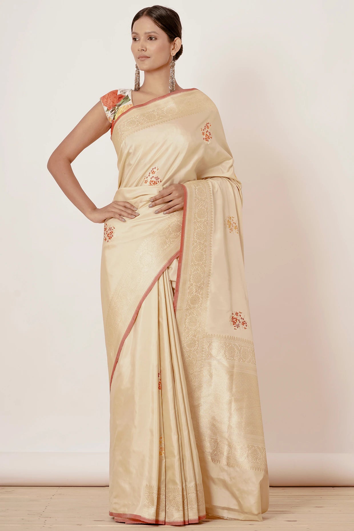 Gold Banarasi Silk Saree with Floral Motifs all over with Digitally Printed Blouse