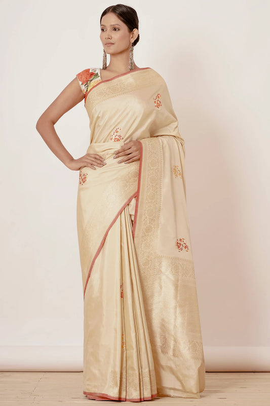 Gold Banarasi Silk Saree with Floral Motifs all over with Digitally Printed Blouse