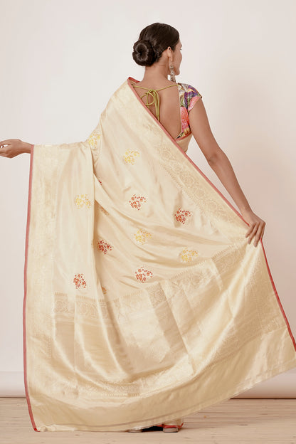 Gold Banarasi Silk Saree with Floral Motifs all over with Digitally Printed Blouse