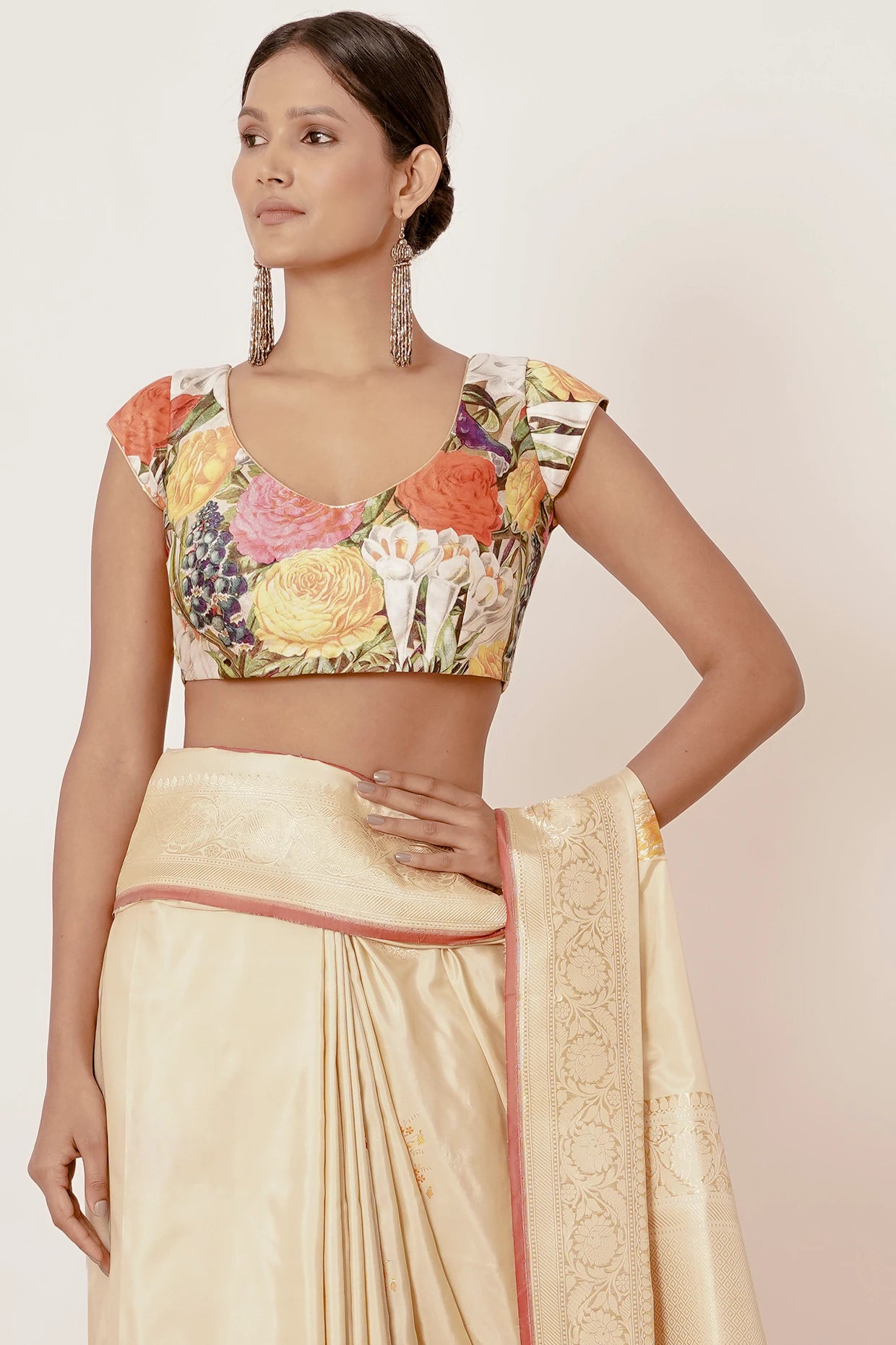 Gold Banarasi Silk Saree with Floral Motifs all over with Digitally Printed Blouse