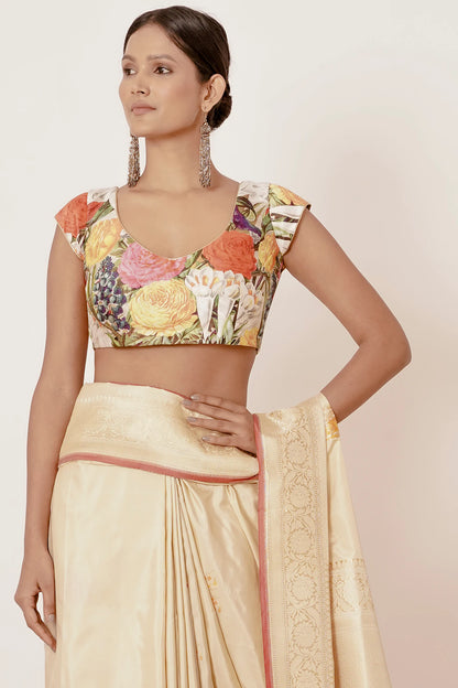 Gold Banarasi Silk Saree with Floral Motifs all over with Digitally Printed Blouse