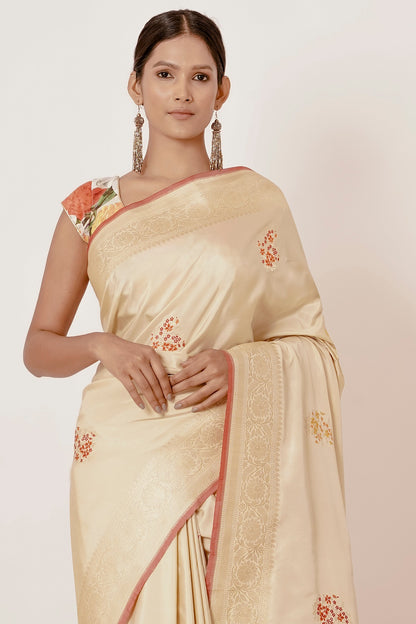Gold Banarasi Silk Saree with Floral Motifs all over with Digitally Printed Blouse