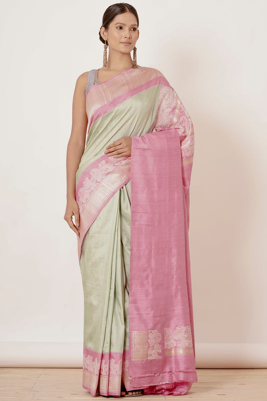 Pista Banarasi Silk Saree with Onion Pink Border