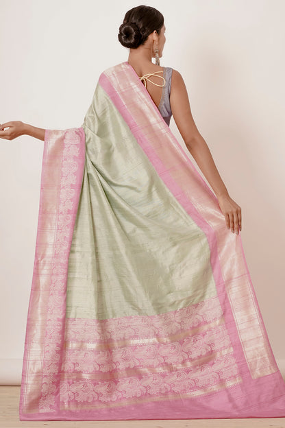 Pista Banarasi Silk Saree with Onion Pink Border