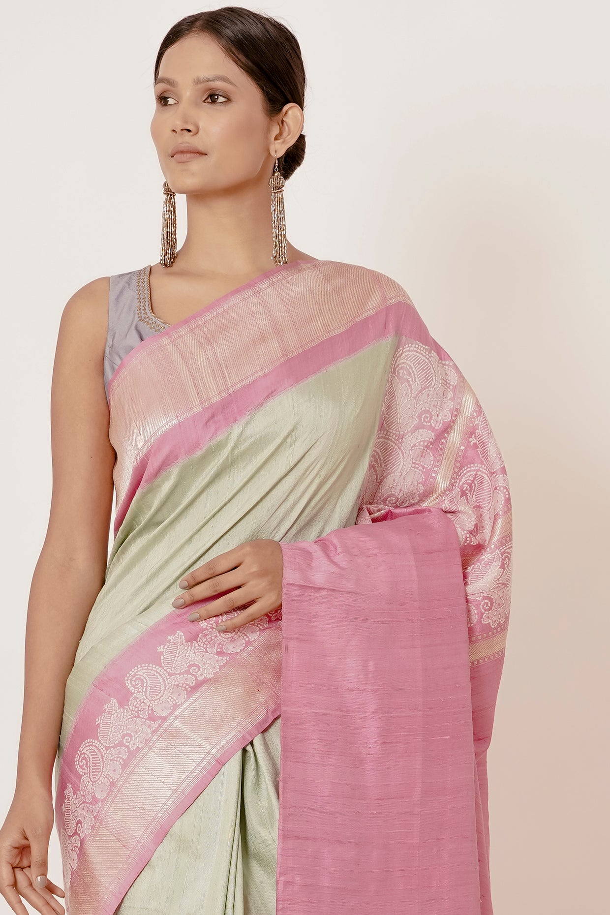 Pista Banarasi Silk Saree with Onion Pink Border