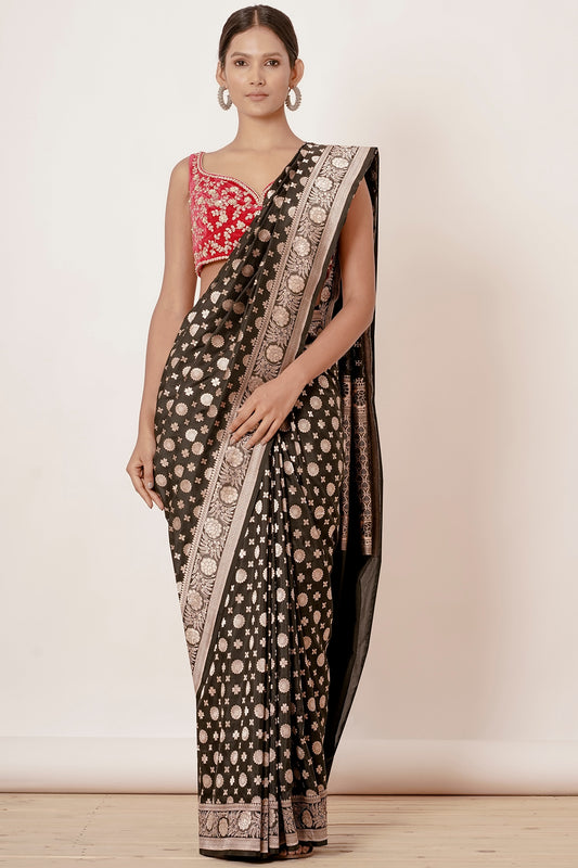 Black Banarasi Silk Saree with Silver Bootas all over and Velvet Red Blouse