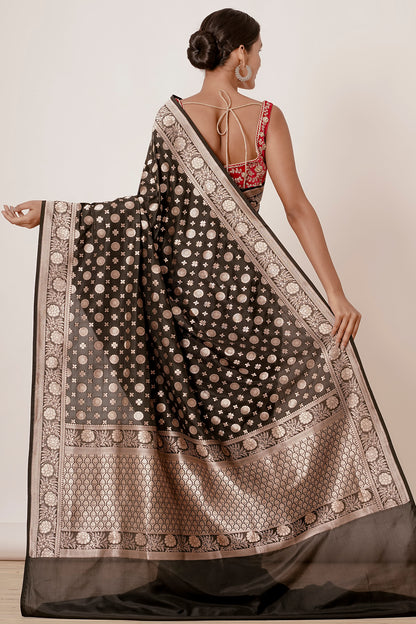 Black Banarasi Silk Saree with Silver Bootas all over and Velvet Red Blouse