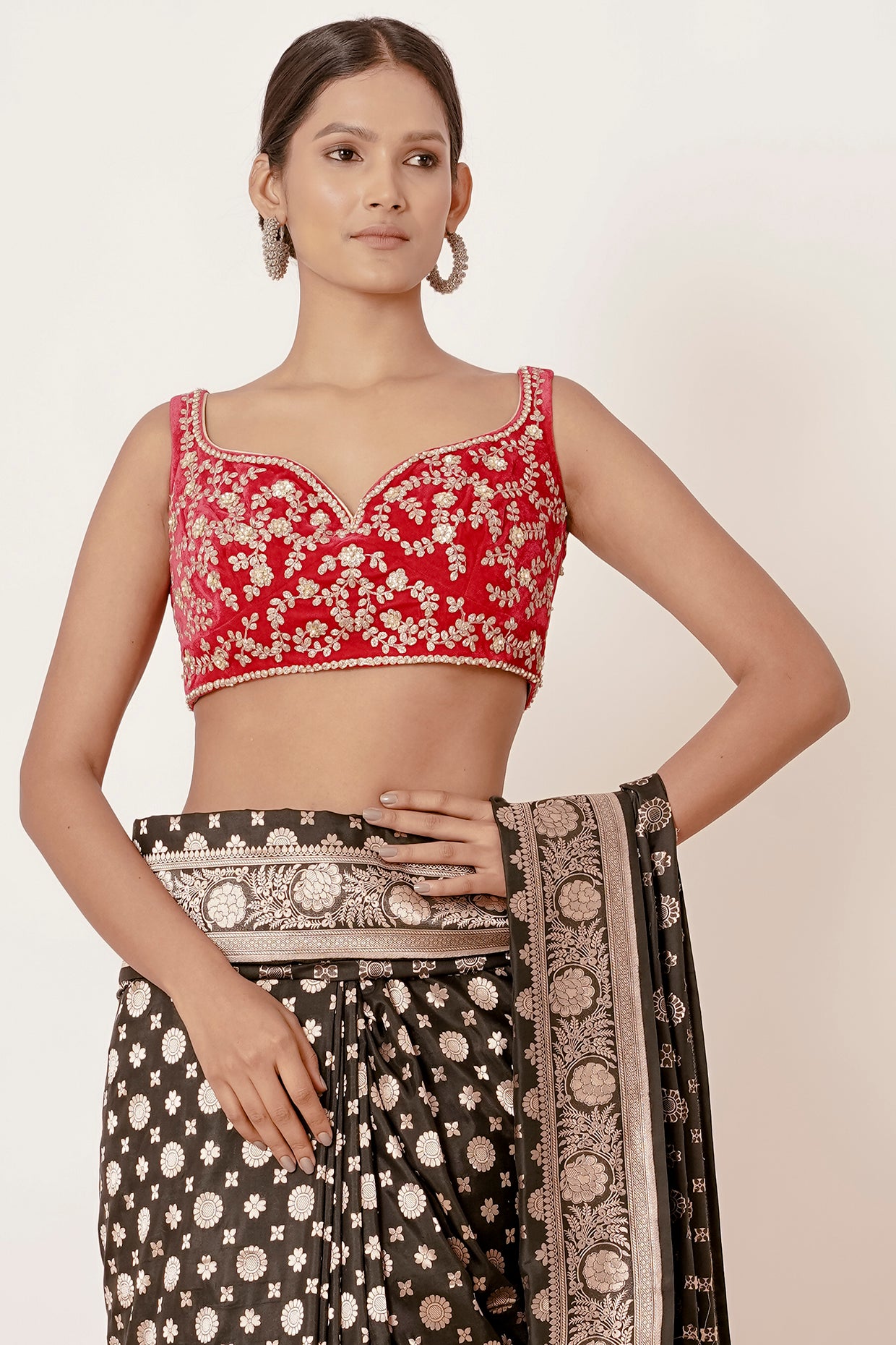 Black Banarasi Silk Saree with Silver Bootas all over and Velvet Red Blouse