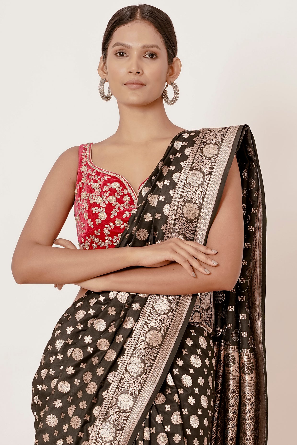 Black Banarasi Silk Saree with Silver Bootas all over and Velvet Red Blouse
