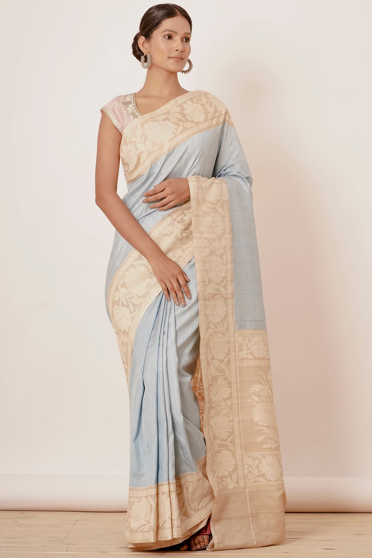 Light blue banarasi Silk Saree with Beige border